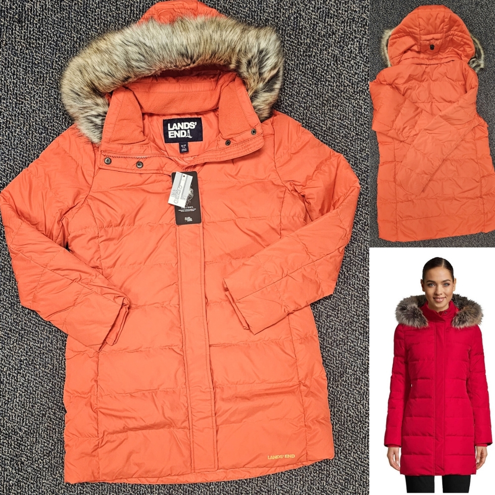 Lands' End Down Winter Coat Small 6-8 Crimson Orange Women's Faux Fur Trim NEW